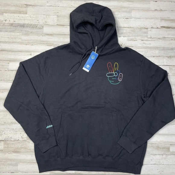 $65 ADIDAS ORIGINALS MEN'S PEACE SIGN TREFOIL HOODIE BLACK Size: Large - Picture 1 of 4